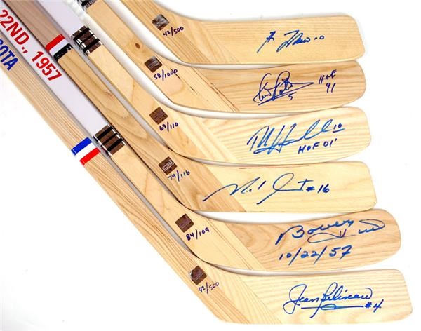 Milestone Single Signed Hockey Sticks w/ Hall of Famers including Hull, Beliveau, and Lafleur (6)