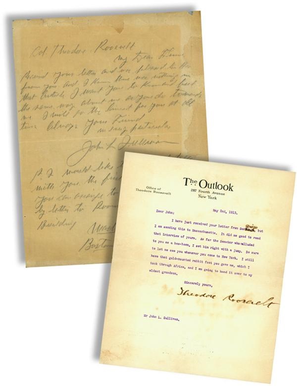 - 1913 Teddy Roosevelt Handwritten & Signed Letter to John L. Sullivan (1) and Sullivan's Signed Letter in Reply (1)