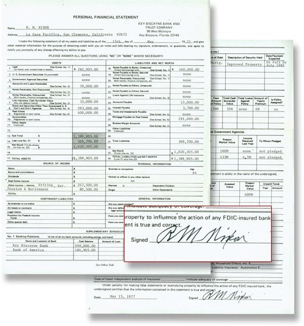 Rock And Pop Culture - 1977 President Richard M. Nixon Signed Personal Financial Statement