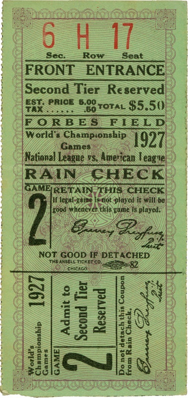 Ernie Davis - 1927 World Series Game 2 Ticket Stub