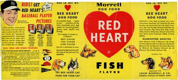 Baseball and Trading Cards - 1954 Red Heart Dog Food Label with Mickey Mantle