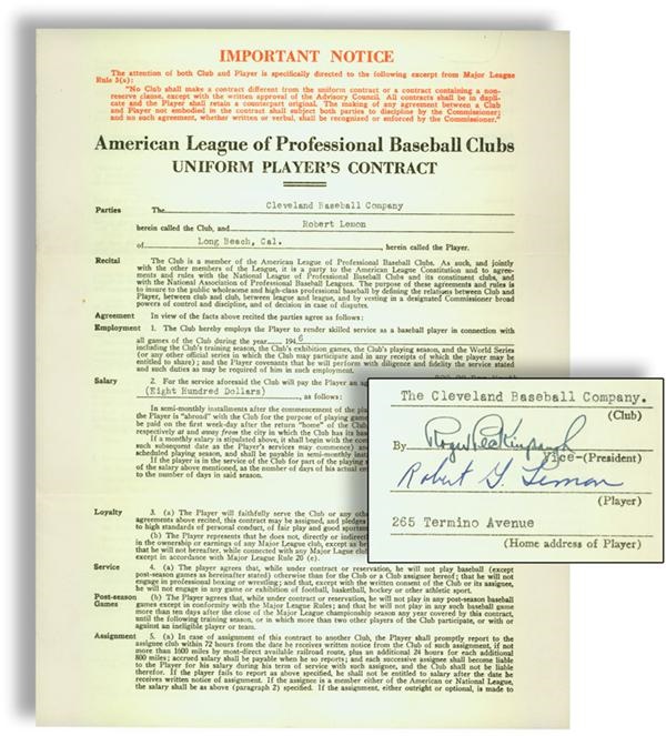 - 1946 Bob Lemon Signed Cleveland Indians Rookie Contract