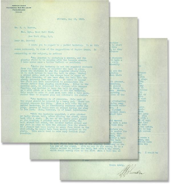 1923 Ban Johnson Signed Three Page Typed Letter