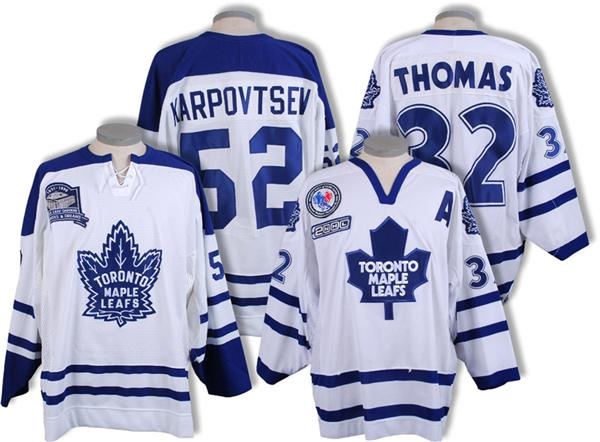 Hockey Equipment - 1999-00 Steve Thomas Hockey Hall of Fame Game & 1998-99 Alexander Karpovtsev Maple Leaf Gardens Final Game Memories & Dreams Toronto Maple Leafs Game Worn Jerseys (2)