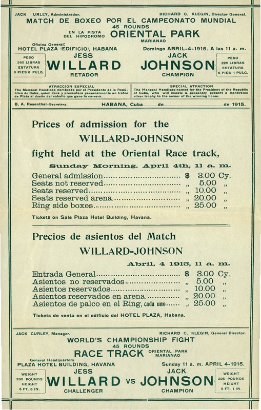 Muhammad Ali & Boxing - 1915 Jack Johnson vs Jess Willard Cuban Broadside