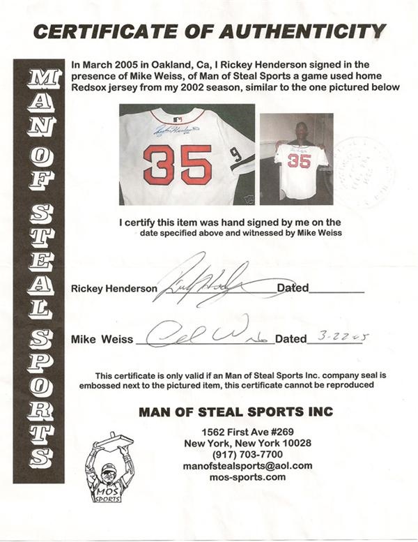 Baseball Equipment - 2002 Rickey Henderson Boston Red Sox Autographed Boston Game Worn Jersey