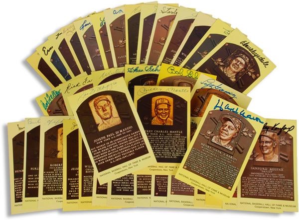 Baseball Autographs - Collection of Signed Gold Baseball Hall of Fame Plaque Postcards (72 different)