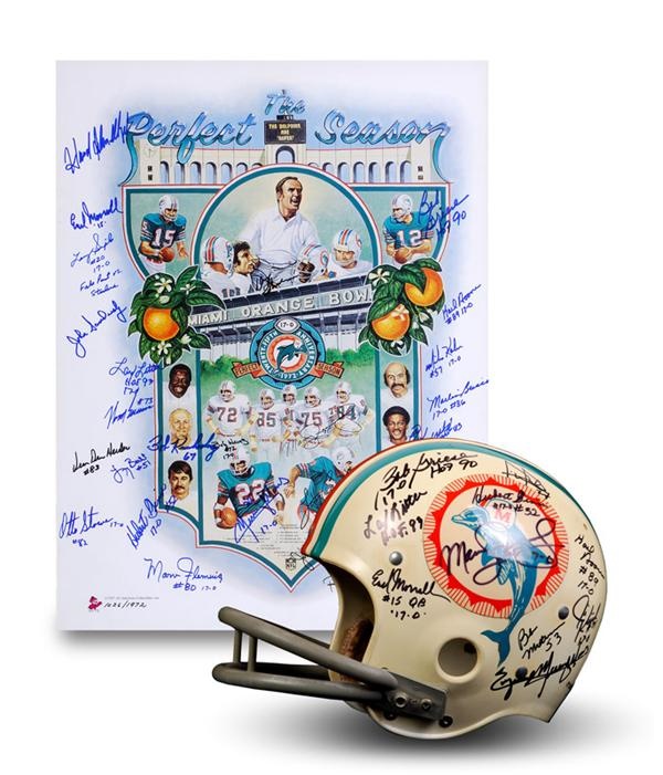 - 1972 Miami Dolphins Reunion Team Signed Vintage Riddell Helmet And Ron Lewis Poster