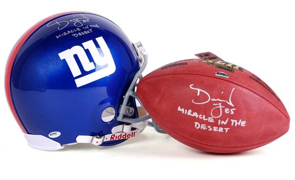 Football - David Tyree Signed Pro Line Helmet and Superbowl Football with Miracle in the Desert Inscriptions