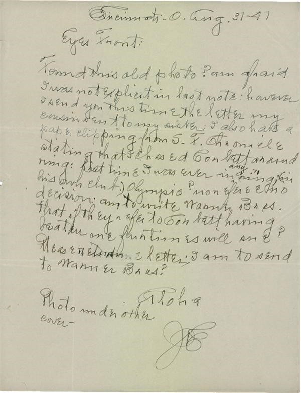 Muhammad Ali & Boxing - 1941 Joe Choynski Signed Handwritten Letter with Great Boxing Content