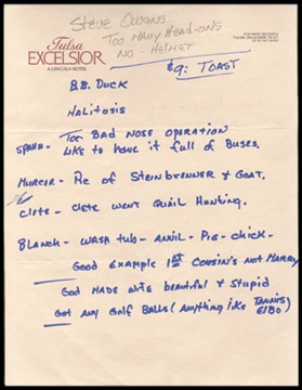 - Mickey Mantle Handwritten Notes for Steve Owen Roast