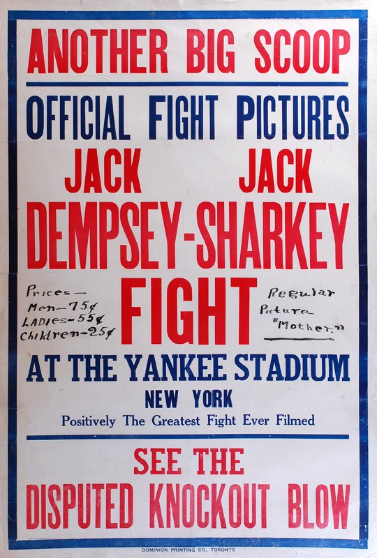 Memorabilia Boxing - 1927 Jack Dempsey vs. Jack Sharkey Fight Film Promotional Poster