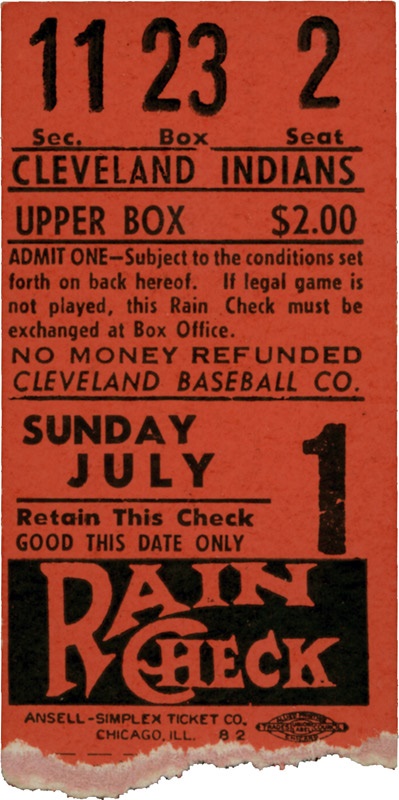 - 1951 Bob Feller No-Hitter Ticket Stub