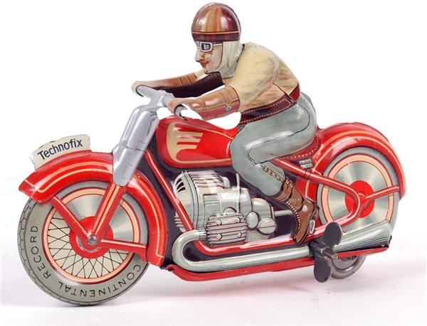 - 1930's Tin Litho Motorcycle Racer Childs Wind-Up Toy