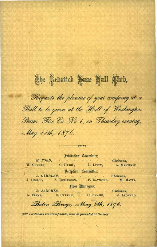 19th Century Baseball - 1876 Redstick Baseball Club Invitation