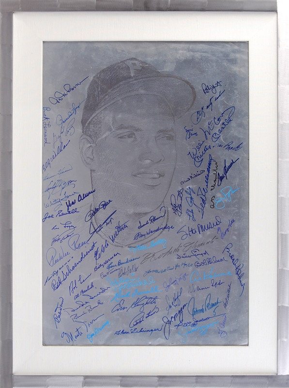 - 1970 Roberto Clemente Night Poster Printing Plate Signed by 64 Hall of Famers