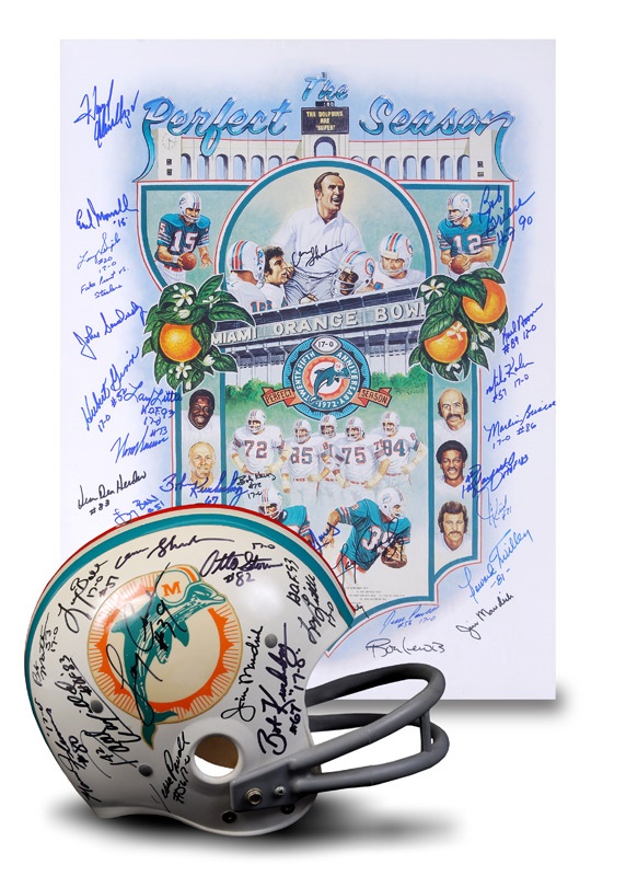 - 1972 Miami Dolphins Reunion Team Signed Vintage Riddell Helmet and Ron Lewis Poster (2)