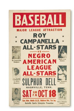 Baseball Memorabilia - 1952 Campanella All Stars versus Negro American League All-Stars Broadside