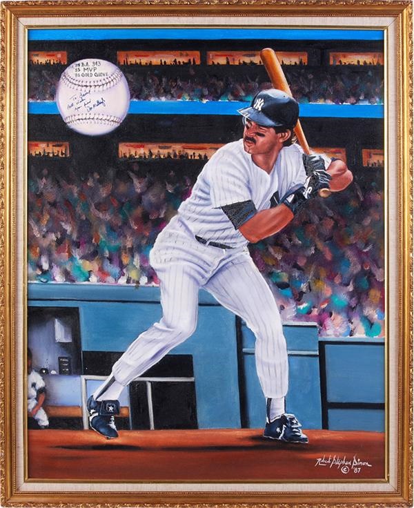 NY Yankees, Giants & Mets - Don Mattingly Signed Robert Simon Original Painting to Barry Halper