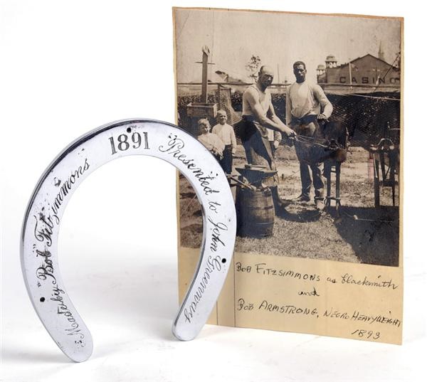 - 1891 Bob Fitzsimmons Hand Forged Presentational Horseshoe with Photograph