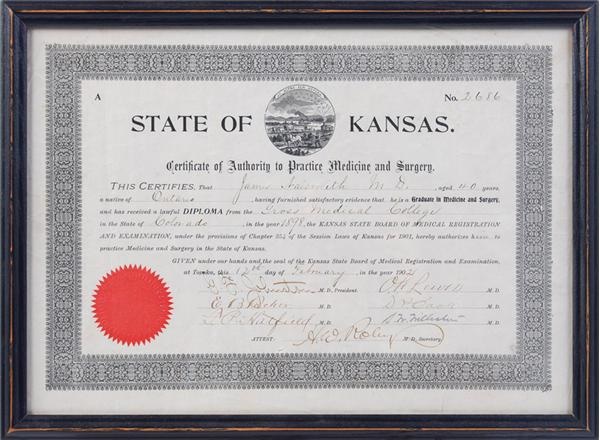 The Dr. James Naismith Collection - 1902 Dr. James Naismith Medical Certificate
