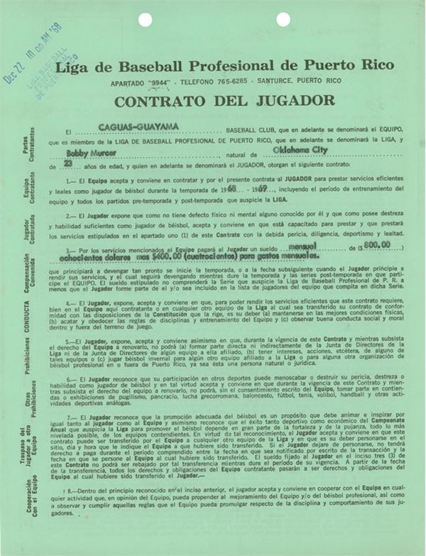 Ernie Davis - Bobby Murcer Puerto Rican Winter League Contract (1968)