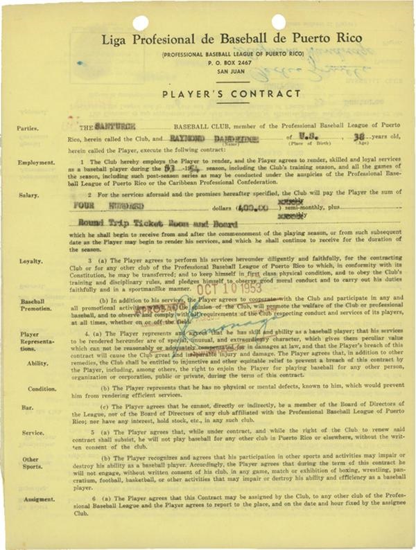 Baseball Memorabilia - Ray Dandridge Puerto Rican Winter League Contract (1953)