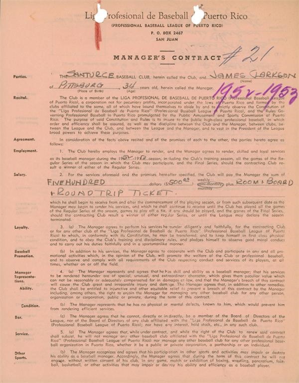 Baseball Memorabilia - Negro League Star James Clarkson Signed Puerto Rican Legue Contract (1952-53)