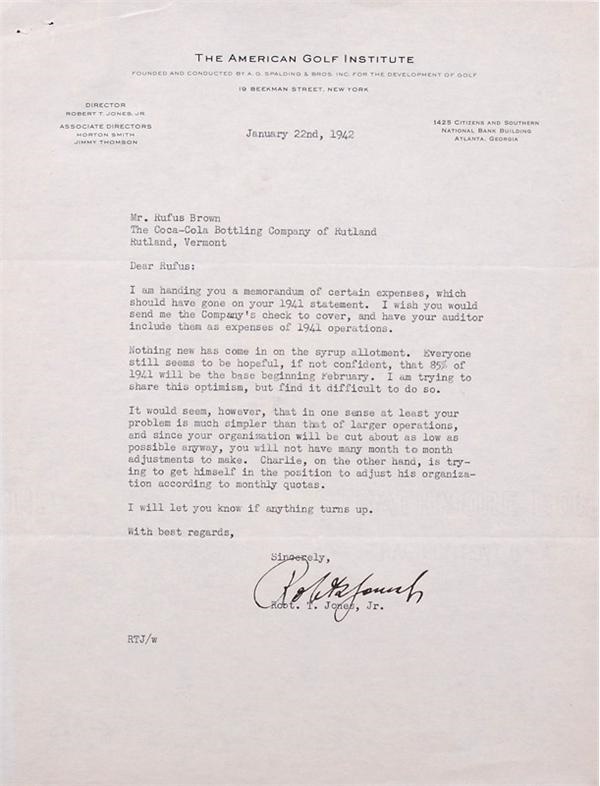 - Robert T. Jones Signed American Golf Institute Letter (1942)