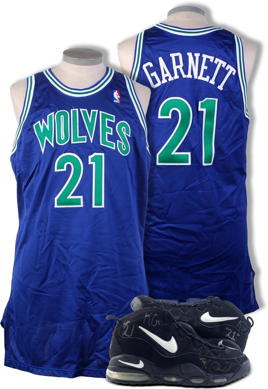 - 1995-96 Kevin Garnett Game Worn Rookie Jersey and Pair of Rookie Era Signed Game Worn Shoes (3)