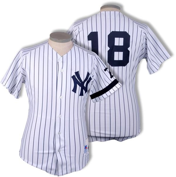 - 1995 Randy Velarde New York Yankees Game Worn Jersey with Mantle 7 on Sleeve