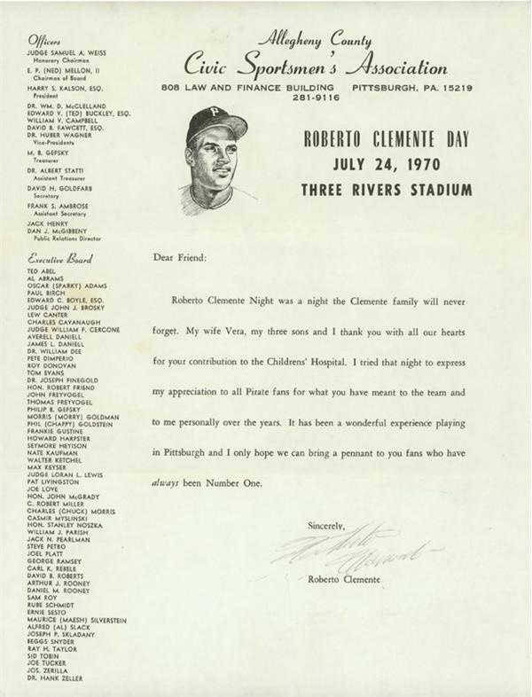 Clemente and Pittsburgh Pirates - Roberto Clemente Night Letter