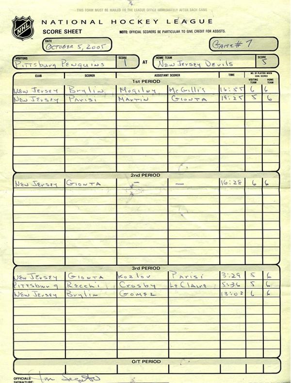 Hockey Memorabilia - Official Report & Score Sheet From Sidney Crosby's First NHL Game