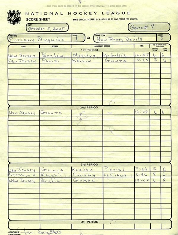 Official Report Score Sheet From Sidney Crosby s First NHL Game