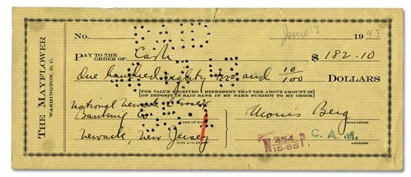 Theilman Collection - 1943 Moe Berg Signed Bank Check