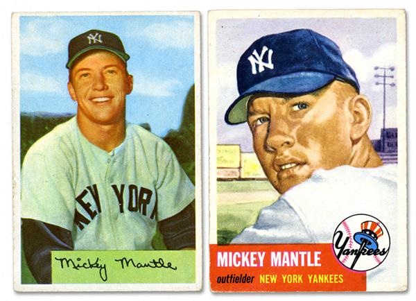 1953 Topps and 1954 Bowman Mickey Mantle Cards (2)