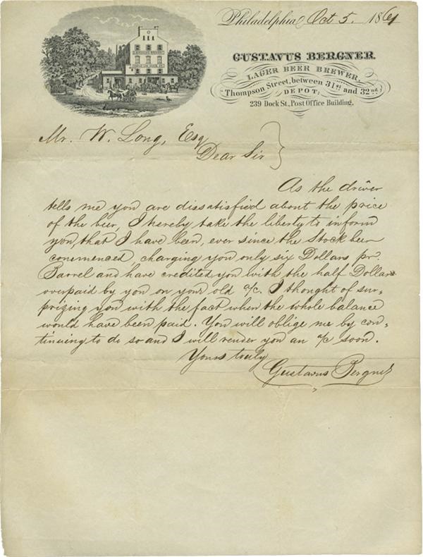 Rock And Pop Culture - 1861 Gustavus Bergner Brewery Letter