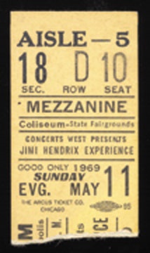 Jimi Hendrix 1969 Indianapolis Ticket Stub