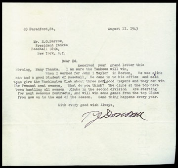Ed Barrow - 1943 Patsy Donovan Signed Letter