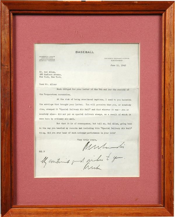 Baseball Autographs - Kenesaw Landis Twice Signed Typed Letter to Mel Allen with Hand Written note