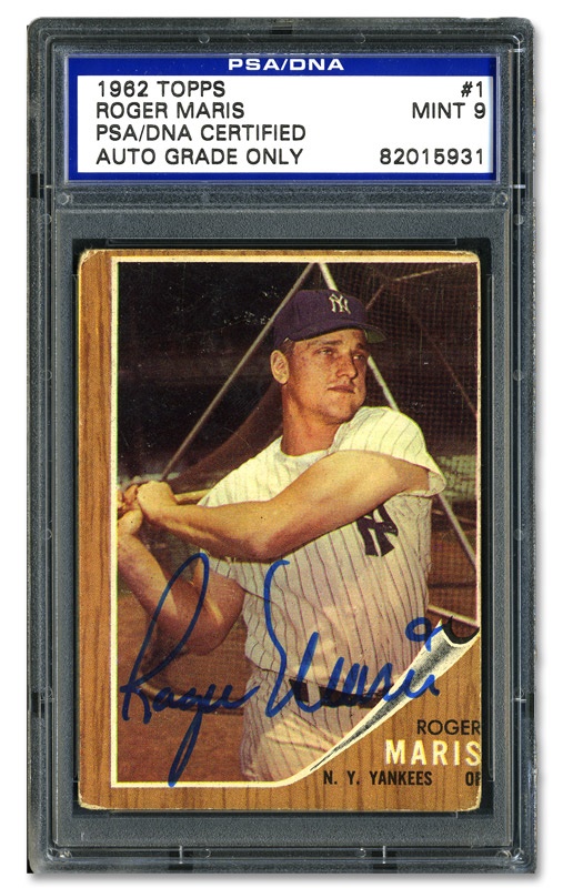 Baseball Autographs - 1962 Topps Roger Maris Autographed Card Encapsulated PSA Mint 9