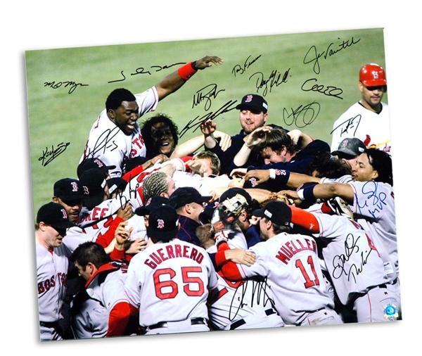 Baseball Autographs - 2004 Boston Red Sox Signed Celebration Photo