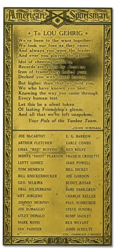 NY Yankees, Giants & Mets - Lou Gehrig "Luckest Man" Speech Presentation Plaque