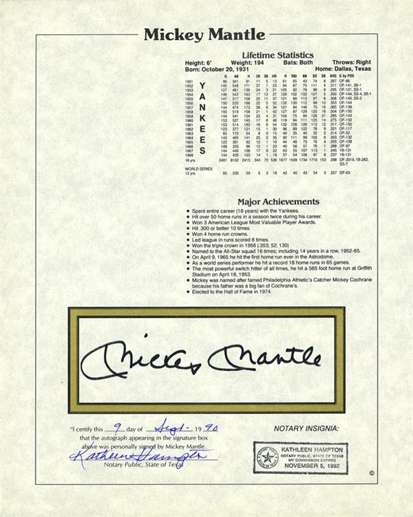 - Mickey Mantle Lot of (10) Signed Stat Sheets