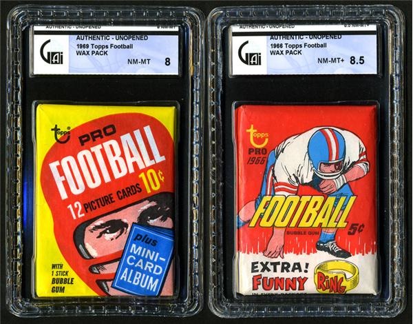 1966 Topps GAI 8.5 and 1969 Topps GAI 8 Football Unopened Packs (2)