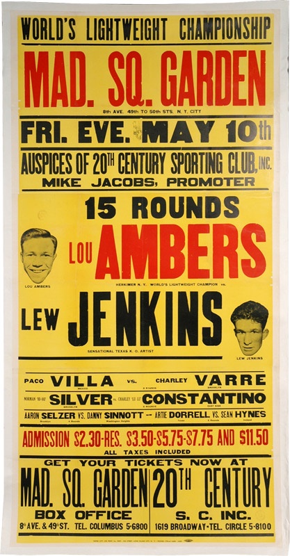 - 1940 Lou Ambers vs. Lew Jenkins Three Sheet On-Site Fight Poster