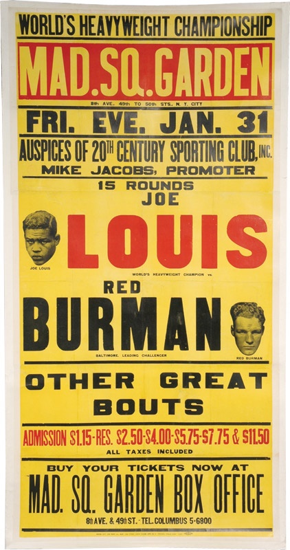 1941 Joe Louis vs. Red Burman Three Sheet On-Site Fight Poster