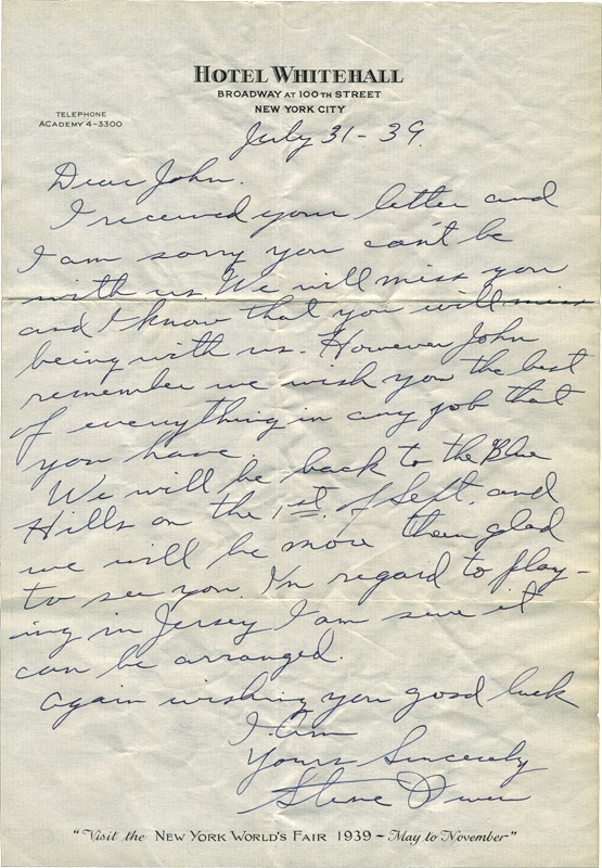 Steve Owen Hand Written Letter Dated July 31 - 39