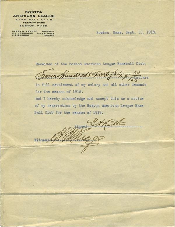 Babe Ruth - Babe Ruth September 12, 1918 Signed Boston Red Sox Document Stating He Was Paid in Full for the 1918 Season