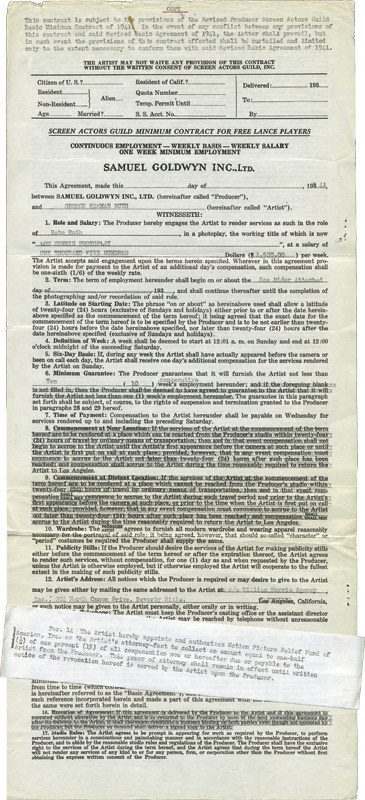 Babe Ruth - Babe Ruth Screen Actors Guild Contract for Pride of the Yankees with Samuel Goldwyn INC., LTD.